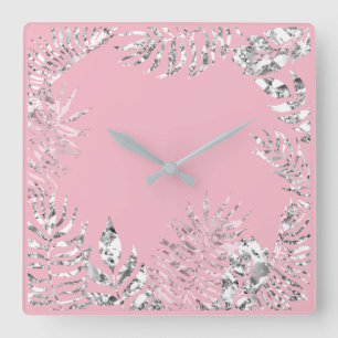 Reloj Cuadrado Palm Pastel rosado plateado palma metálica botánic