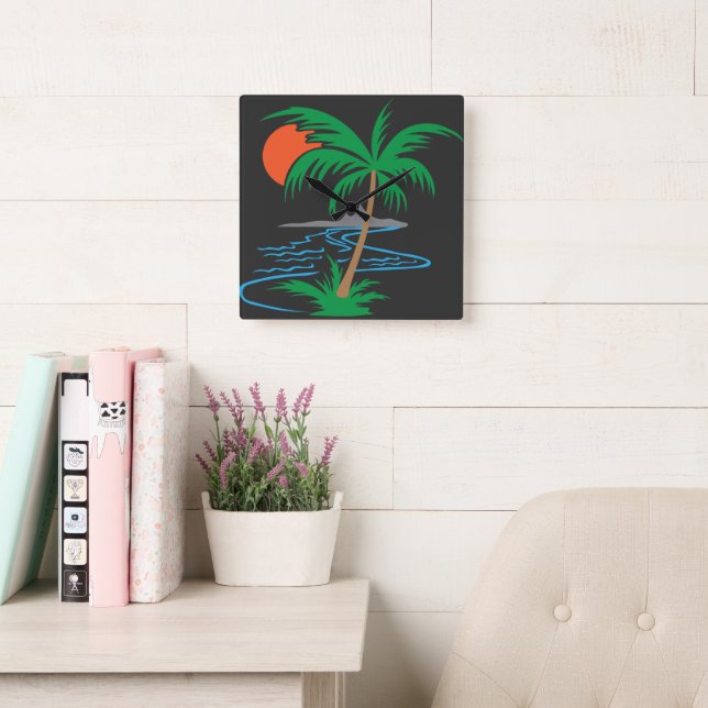 Reloj Cuadrado Palm Tree by the River | Tropical Sunset Art (Sala de lectura)
