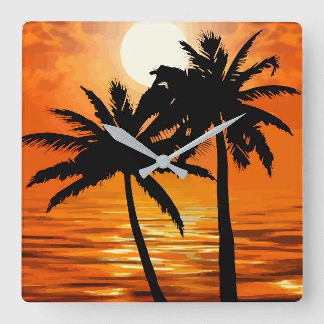 Reloj Cuadrado Palm Tree Sunset Tropical Wall Clocks (Anverso)
