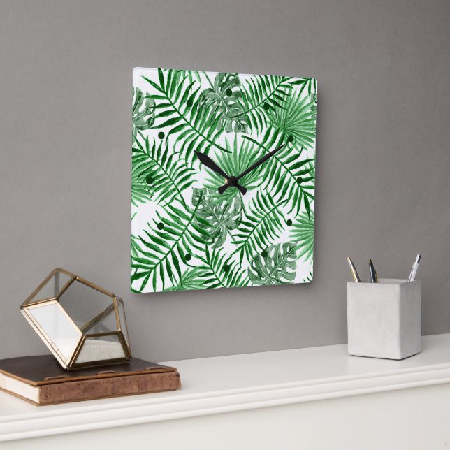 Reloj Cuadrado Palm verde tropical deja arte acuático de verano (Oficina)