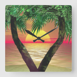 Reloj Cuadrado Palmera enmarcando una puesta de sol