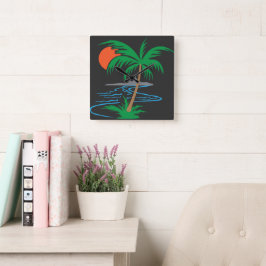 Reloj Cuadrado Palmera junto al río | Arte de puesta de sol tropi