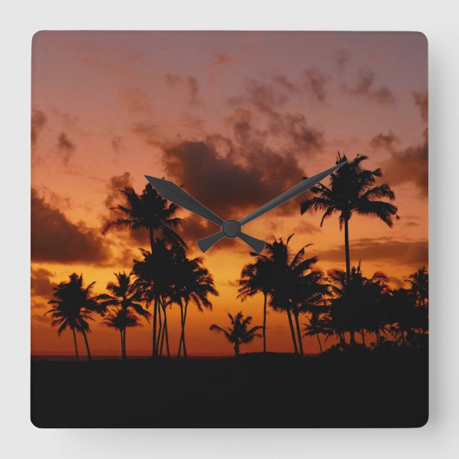 Reloj Cuadrado Palmeras al atardecer - rojo (Anverso)