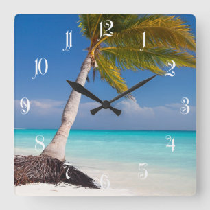 Reloj Cuadrado Palmeras en la bonita playa de arena blanca