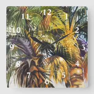 Reloj Cuadrado Palmeras en pintura verde amarillo y púrpura