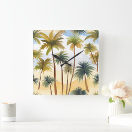 Reloj Cuadrado Palmeras Tropicales | Pintura Acuarela de Playa