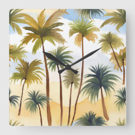 Reloj Cuadrado Palmeras Tropicales | Pintura Acuarela de Playa