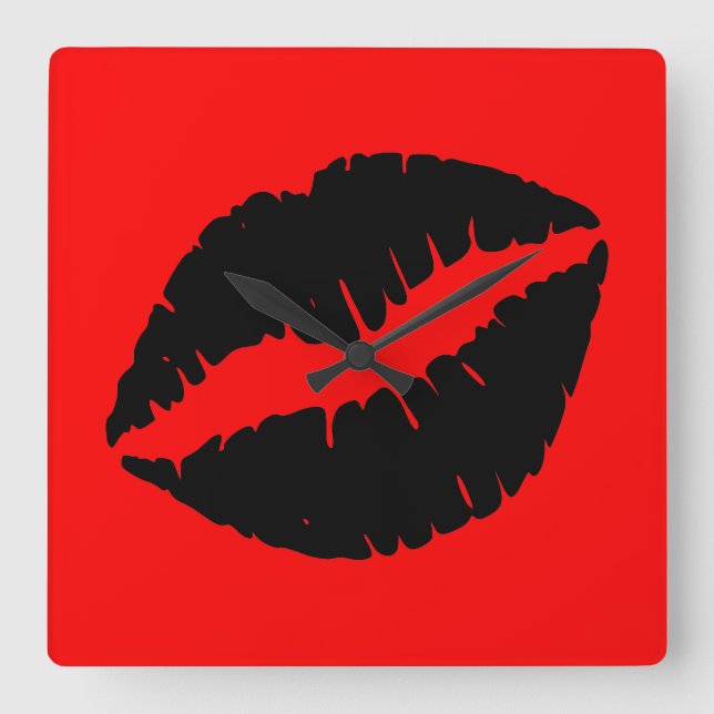 Reloj Cuadrado Palo de labios negro sobre rojo (Anverso)