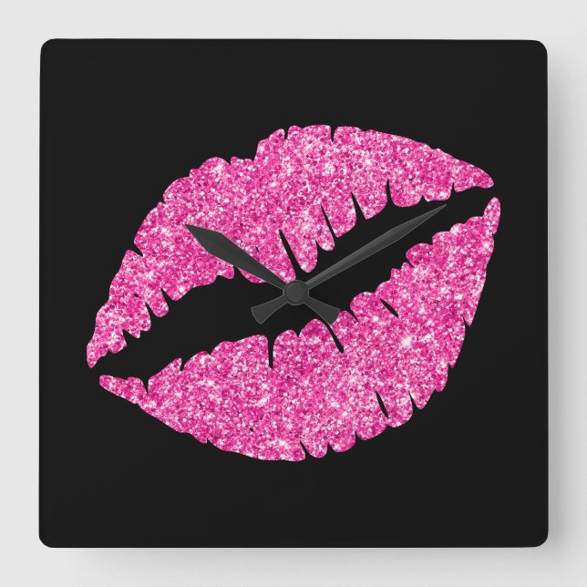 Reloj Cuadrado Palo de labios sobre negro del Purpurina Hot Pink  (Anverso)