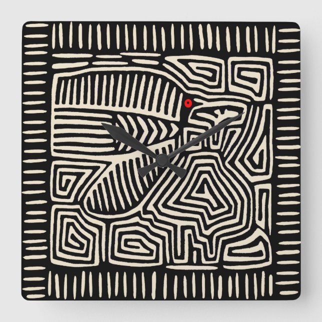 Reloj Cuadrado Panamá Kuna India Mola Pajaro - Blanco negro (Anverso)