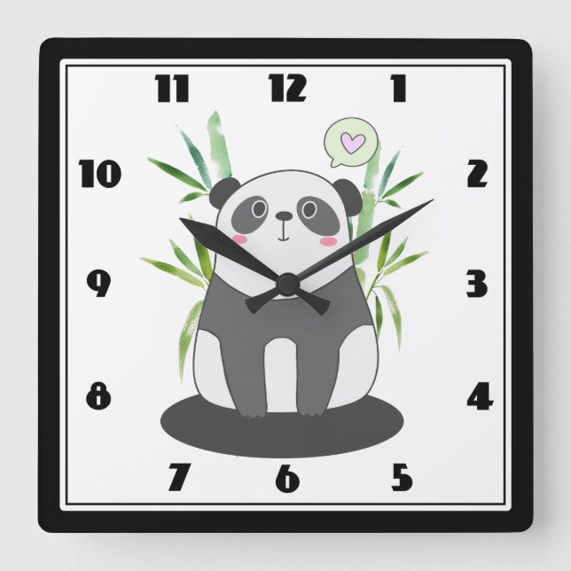 Reloj Cuadrado Panda blanco y negro lindo en Bambú (Anverso)