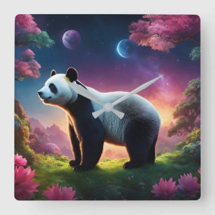 Reloj Cuadrado Panda en un jardín de fantasía
