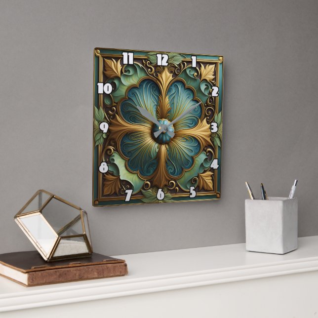 Reloj Cuadrado Panel floral decorativo con turquesa y oro (Oficina)