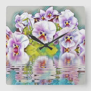 Reloj Cuadrado Pansias blancas rosadas púrpuras cerca de acuarela