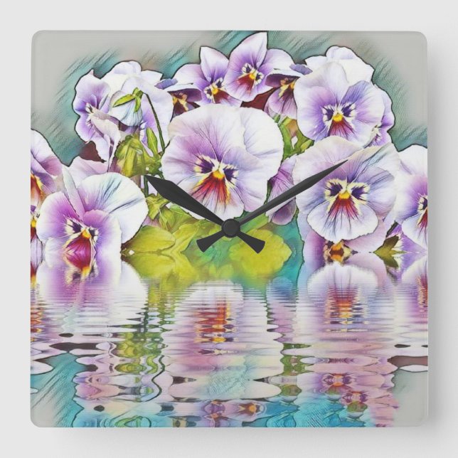 Reloj Cuadrado Pansias blancas rosadas púrpuras cerca de acuarela (Anverso)