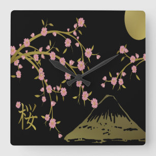 Reloj Cuadrado Pantalla Japonesa Rosa Sakura Dorado Negro