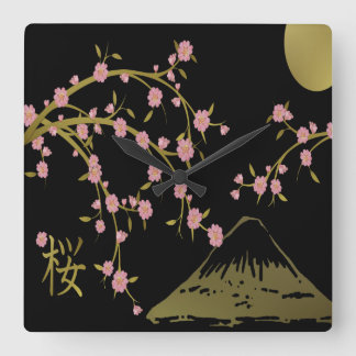 Reloj Cuadrado Pantalla Japonesa Rosa Sakura Dorado Negro