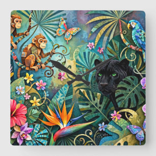 Reloj Cuadrado Pantera negra África Alegre estilo collage Selva