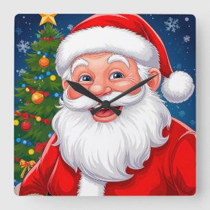 Reloj Cuadrado Papá Noel sonriente de Navidad con sombrero rojo