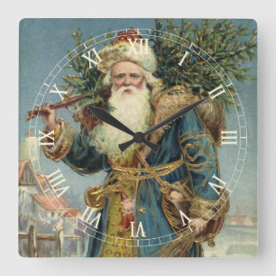 Reloj Cuadrado Papá Noel Victoriano Antiguo con árbol de Navidad