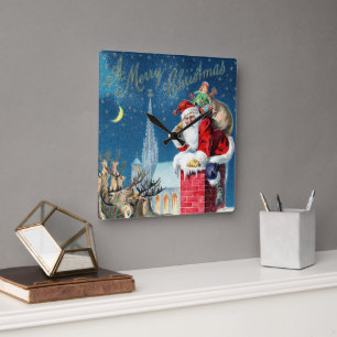 Reloj Cuadrado Papá Noel Victoriano de Navidad Antiguo en Chimene