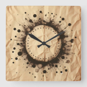 Reloj Cuadrado papel marrón arrugado y mancha de café