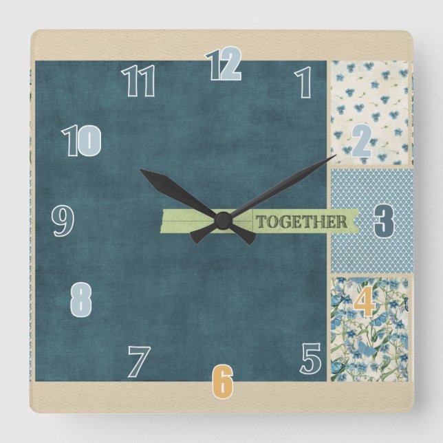 Reloj Cuadrado Parche azul con pared (Anverso)