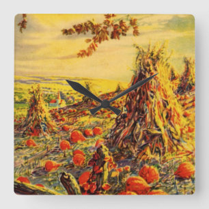 Reloj Cuadrado Parche de calabazas vintage de Halloween con monto