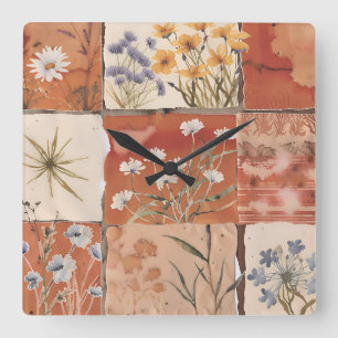 Reloj Cuadrado Parche Terracota Flor Silvestre Rústico Boho Prima