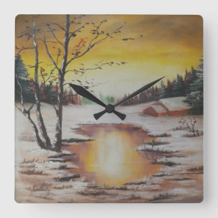 Reloj Cuadrado Pared Clock Ann Hayes pintando escena de invierno