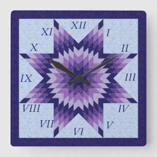 Reloj Cuadrado Pared cuadrada de diseño de Quilt Star Purple and 