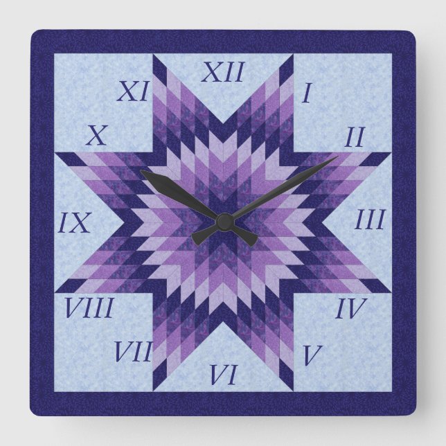 Reloj Cuadrado Pared cuadrada de diseño de Quilt Star Purple and  (Anverso)