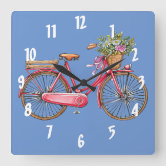 Reloj Cuadrado Pared cuadrada de la bicicleta rosa y la canasta