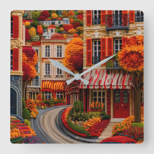 Reloj Cuadrado Pared de arte de bordado de la calle París otoño 