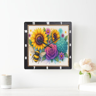 Reloj Cuadrado Pared del Sunflower Bee Garden