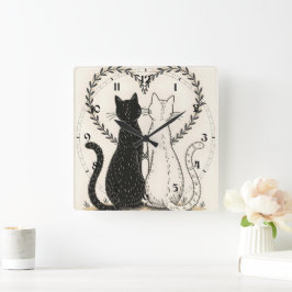 Reloj Cuadrado Pareja de gatos enamorados del corazón floral