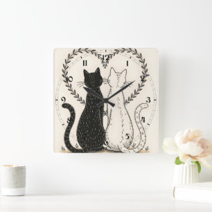 Reloj Cuadrado Pareja de gatos enamorados del corazón floral