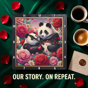 Reloj Cuadrado Pareja de pandas Jardín de Rosas
