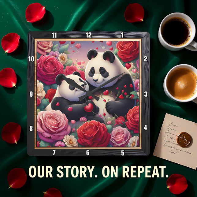 Reloj Cuadrado Pareja de pandas Jardín de Rosas (Subido por el creador)