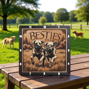 Reloj Cuadrado Pareja de Perros Grabados Bosque Sepia