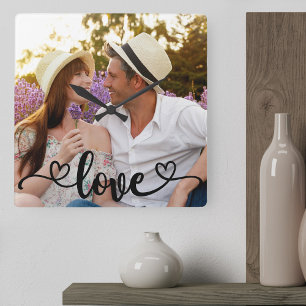 Reloj Cuadrado Pareja Foto Amor y Corazones Caligrafía