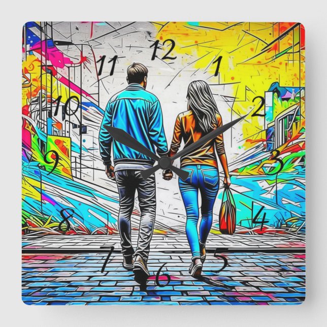 Reloj Cuadrado Pareja sosteniendo manos de arte urbano callejero (Anverso)