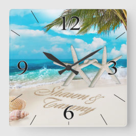 Reloj Cuadrado Pares blancos de las estrellas de mar de la playa