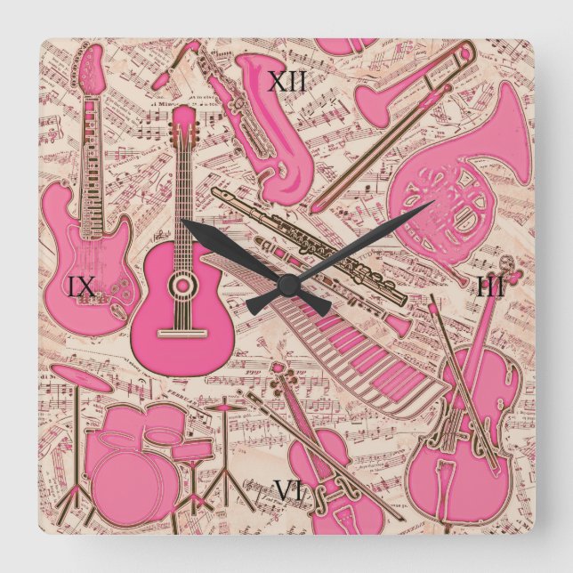Reloj Cuadrado Partitura e instrumentos rosados/marfil ID481 (Anverso)