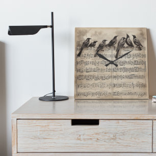Reloj Cuadrado Partitura Musical de Pájaros Cantores Vintage