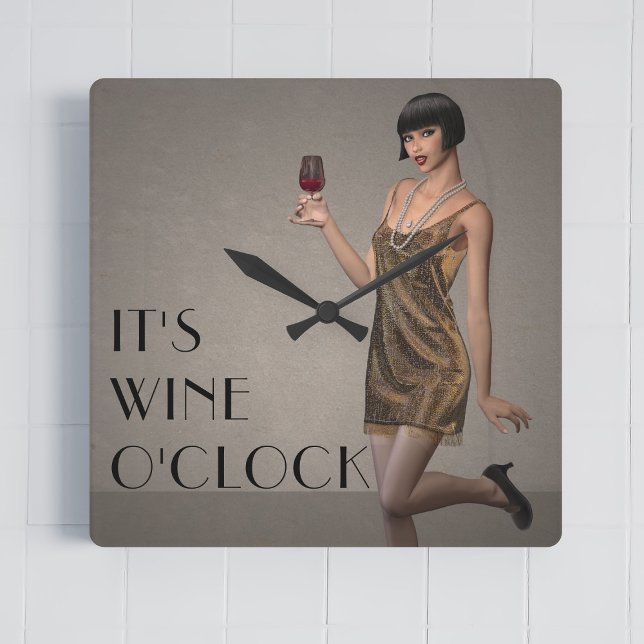 Reloj Cuadrado Party Flapper Girl It's Wine O'Clock Wall Clock (It's always wine o'clock! A fun flapper girl ready to party!)