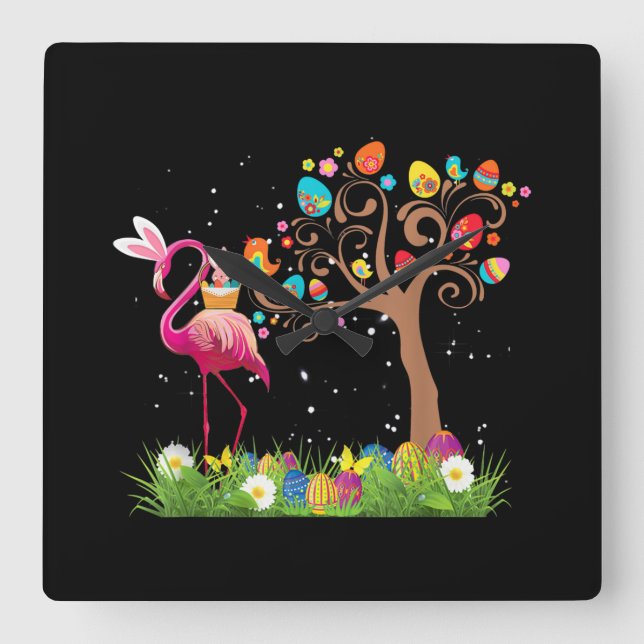 Reloj Cuadrado Pascua de Bunny Flamingo 2021 | Amantes del flamen (Anverso)