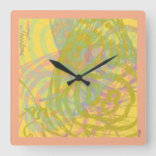 Reloj Cuadrado Pastel azul amarillo mariposa dorada abstracta