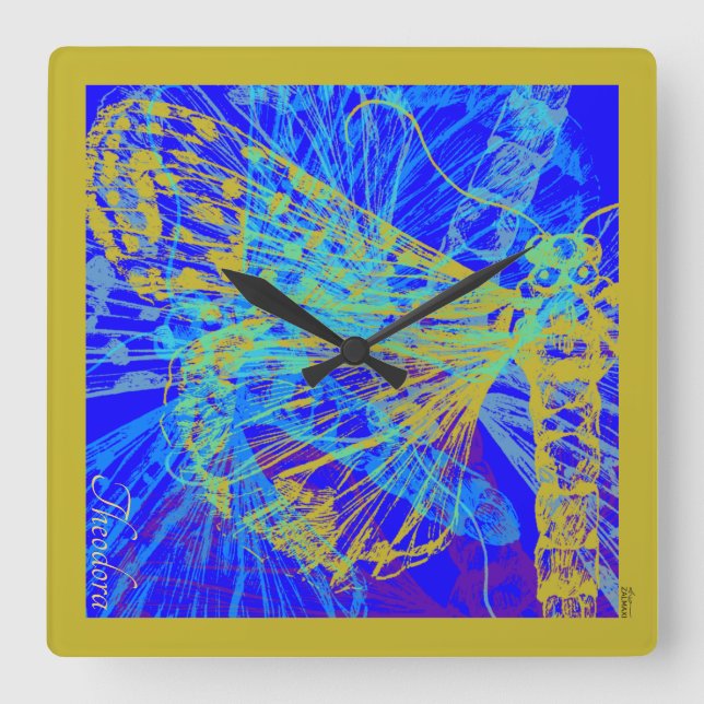 Reloj Cuadrado Pastel azul mariposa dorada abstracta (Anverso)