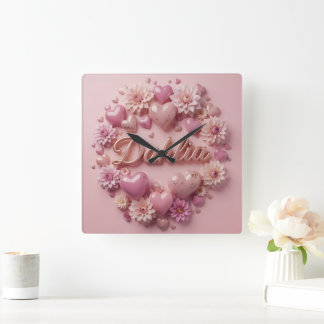 Reloj Cuadrado Pastel Dahlia Bloom Art with Hearts